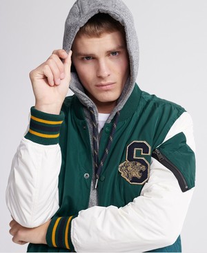 Superdry Varsity Hooded Bomber Férfi Kabát MélyZöld | XMWFD9250